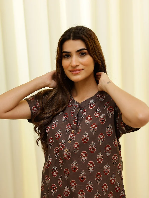 Brown ethnic motif Printed Loungewear Set