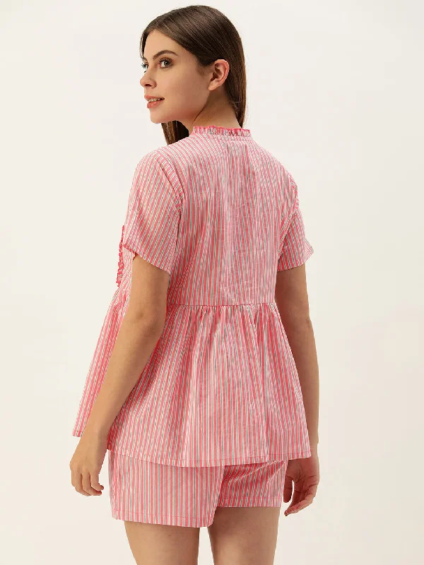 Women Pink and White Striped Flared Top With Shorts Night suit Set