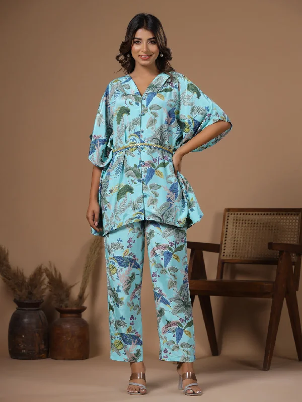 Floral baby blue  Silk Blend Kaftan Kurta with Trousers