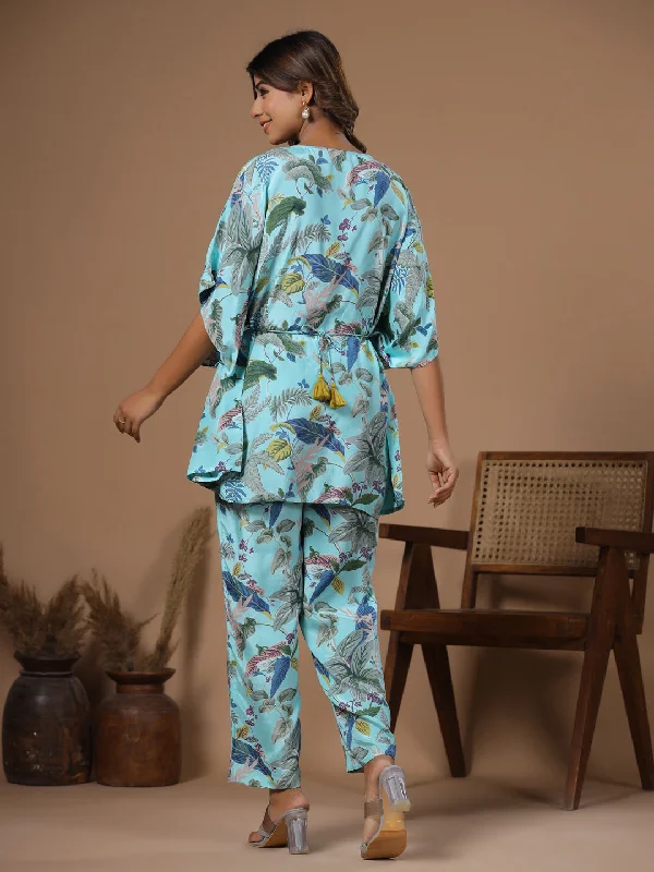 Floral baby blue  Silk Blend Kaftan Kurta with Trousers