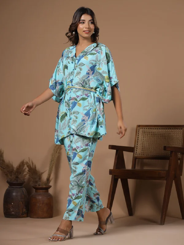 Floral baby blue  Silk Blend Kaftan Kurta with Trousers