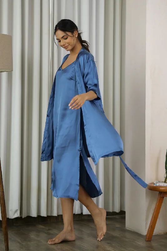 Cobalt Blue Satin 2Pcs. Night Suit