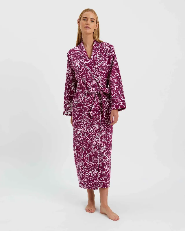 Women's Brushed Cotton Dressing Gown - Berry Abstract