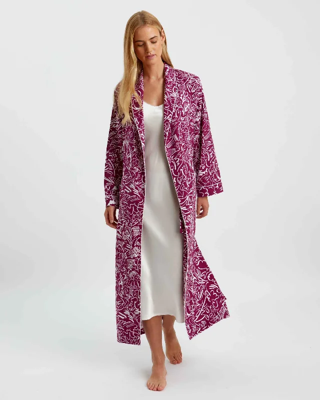 Women's Brushed Cotton Dressing Gown - Berry Abstract